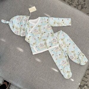 NWT LIVLY Carousel Pima Cotton Kimono Set & Knotted Hat Baby 3-6M